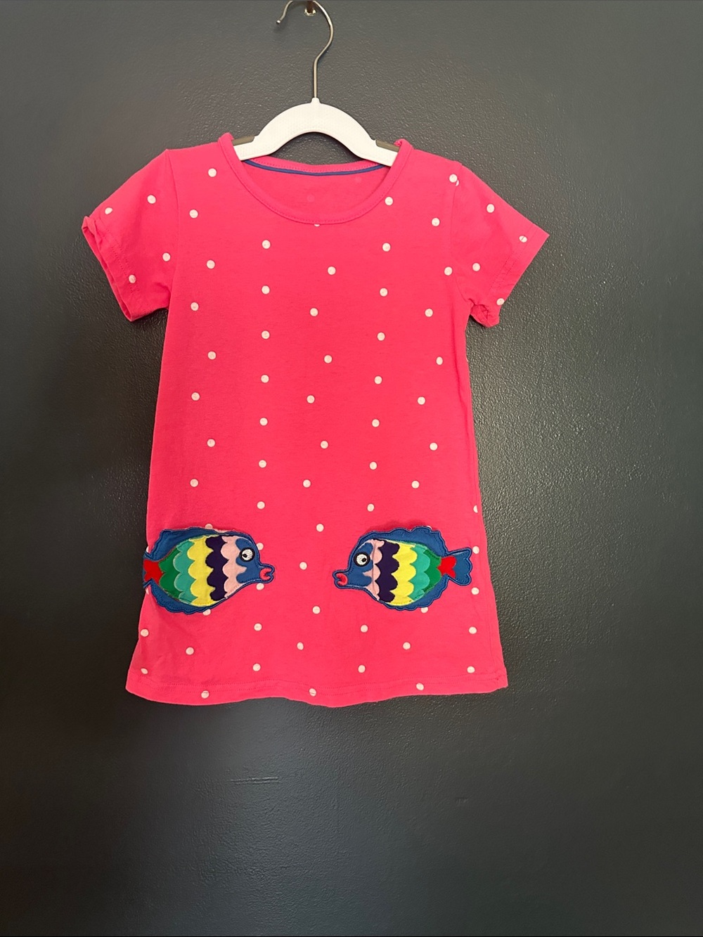 Girls Pink Polka Dot Dress with Colorful Fish Pockets